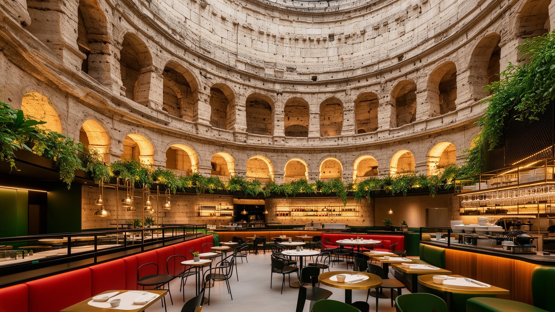 Colosseum-inspired Nicola's dining room with multi-tier stone arches, greenery, and brass details
