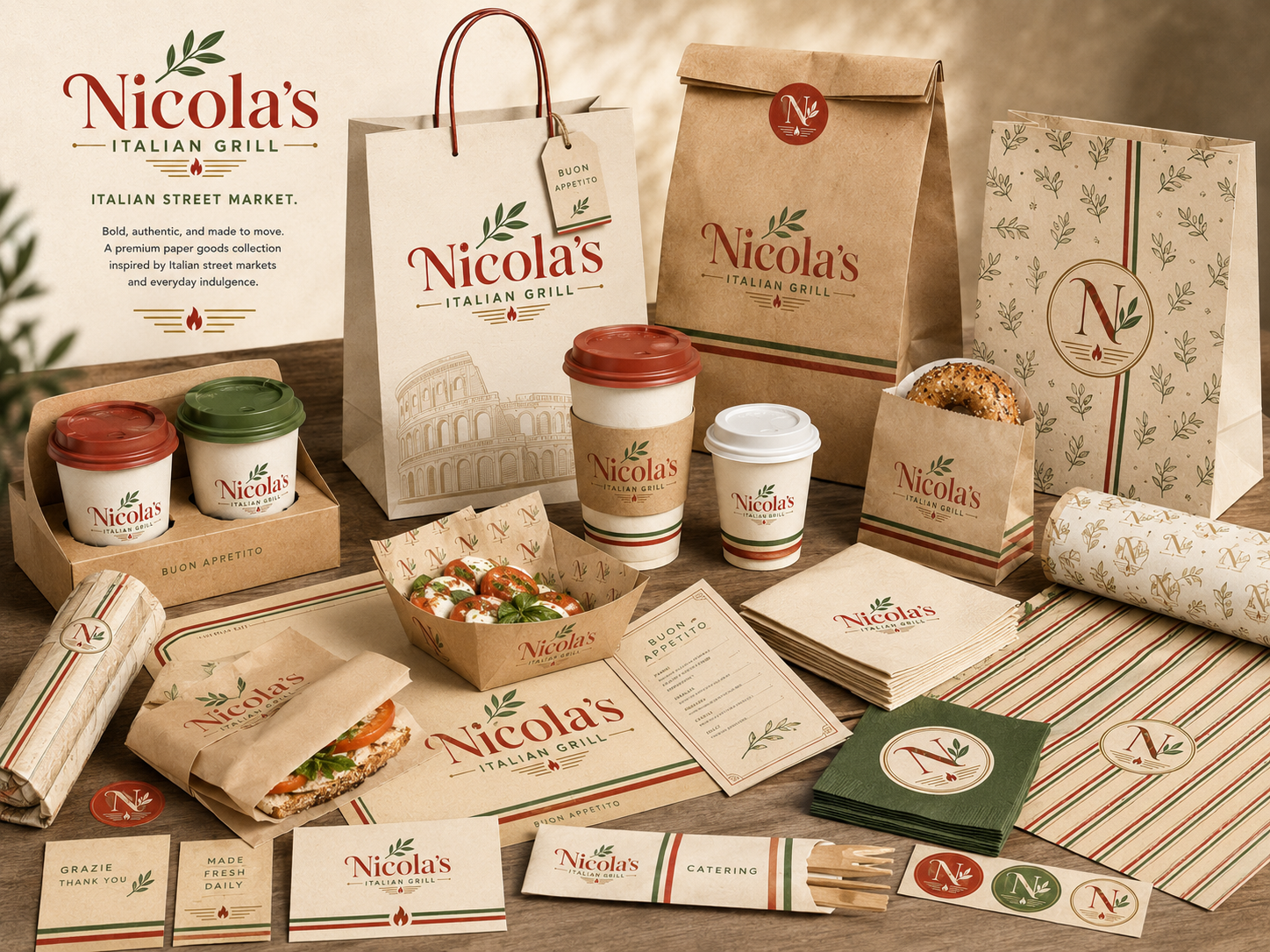 Nicola's Italian Street Market branded packaging collection including kraft bags, coffee cups, napkins, and wraps