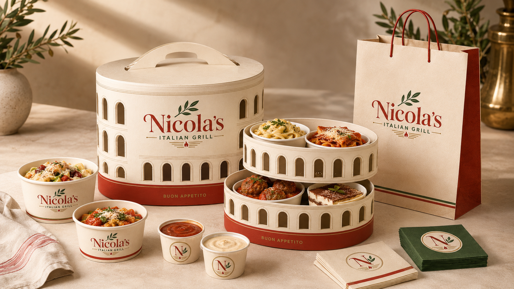 Nicola's Colosseum-inspired catering tower with pasta, meatballs, and tiramisù