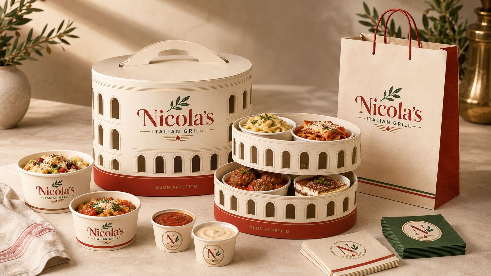 Nicola's Colosseum-inspired catering tower with pasta, meatballs, and tiramisù