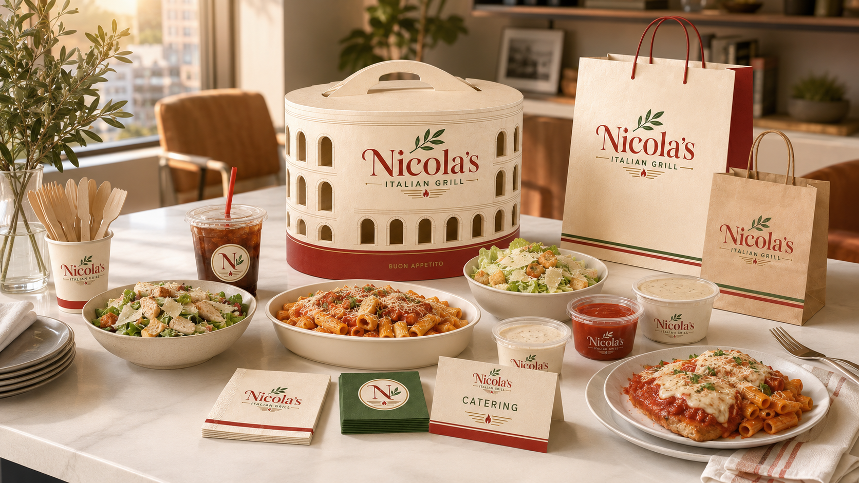 Nicola's catering table spread with rigatoni, Caesar salad, chicken parm, sauces, and branded packaging
