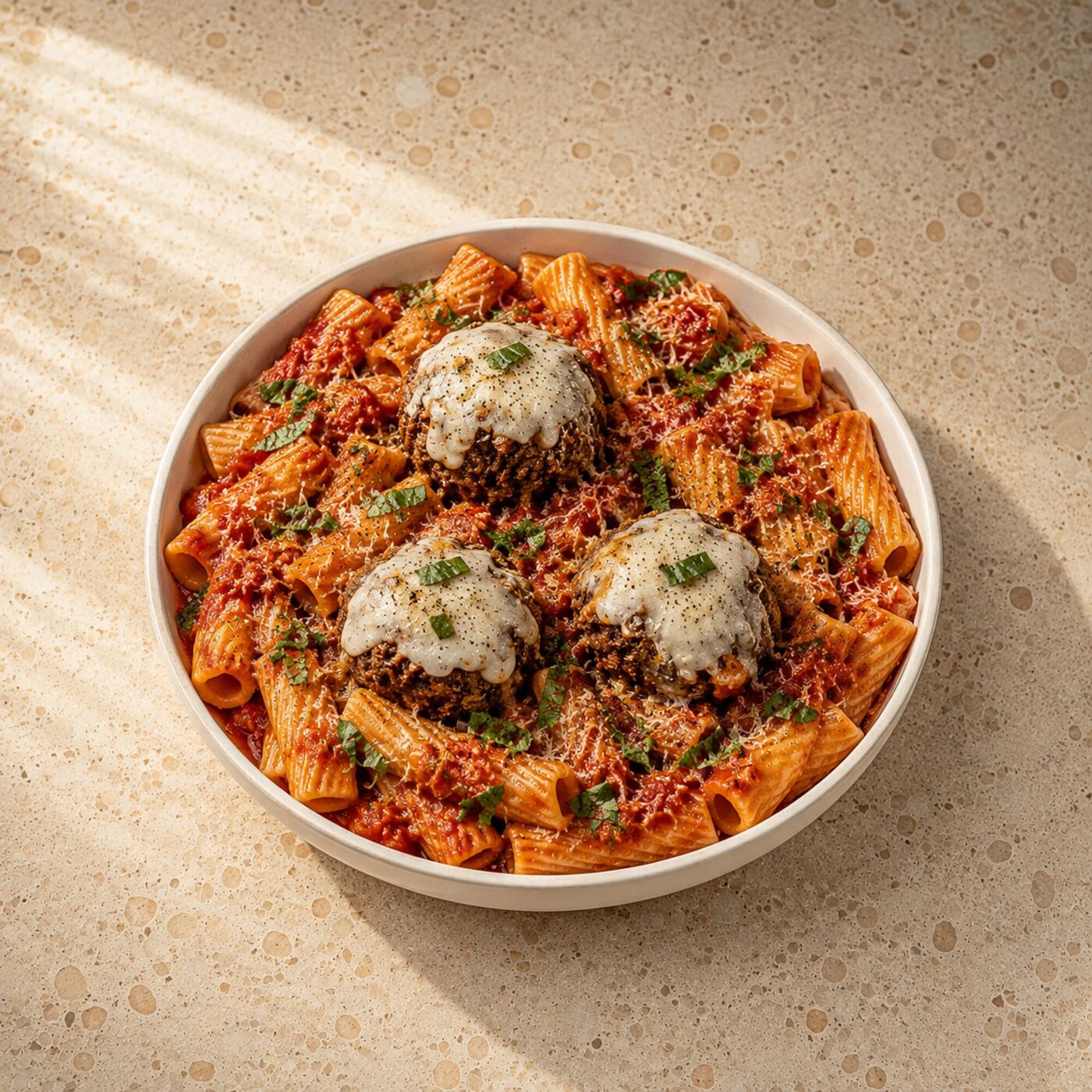 Nicola's rigatoni bowl with Italian meatballs, marinara, parmesan, and fresh basil