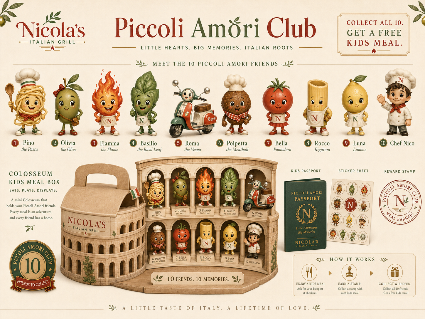 Piccoli Amori Club artwork showing steps, stamps, passport rewards, and the kids meal experience