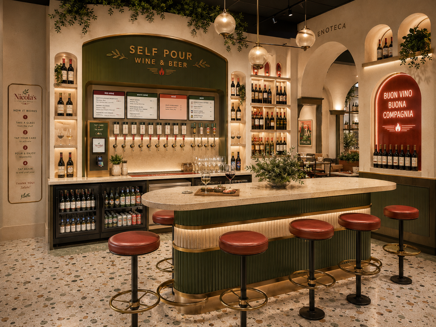 Nicola's self-pour wine and beer enoteca corner with terrazzo floors, olive-green bar, and red leather stools