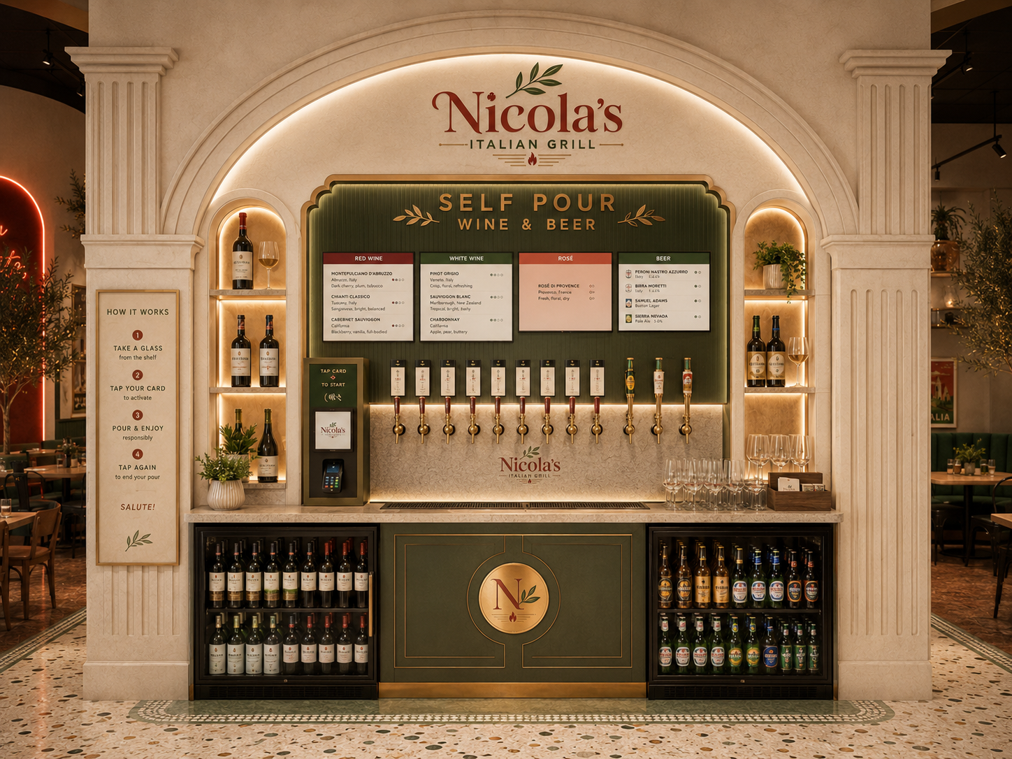 Nicola's arched self-pour station with tap-card reader, glassware, and refrigerated wine and beer storage