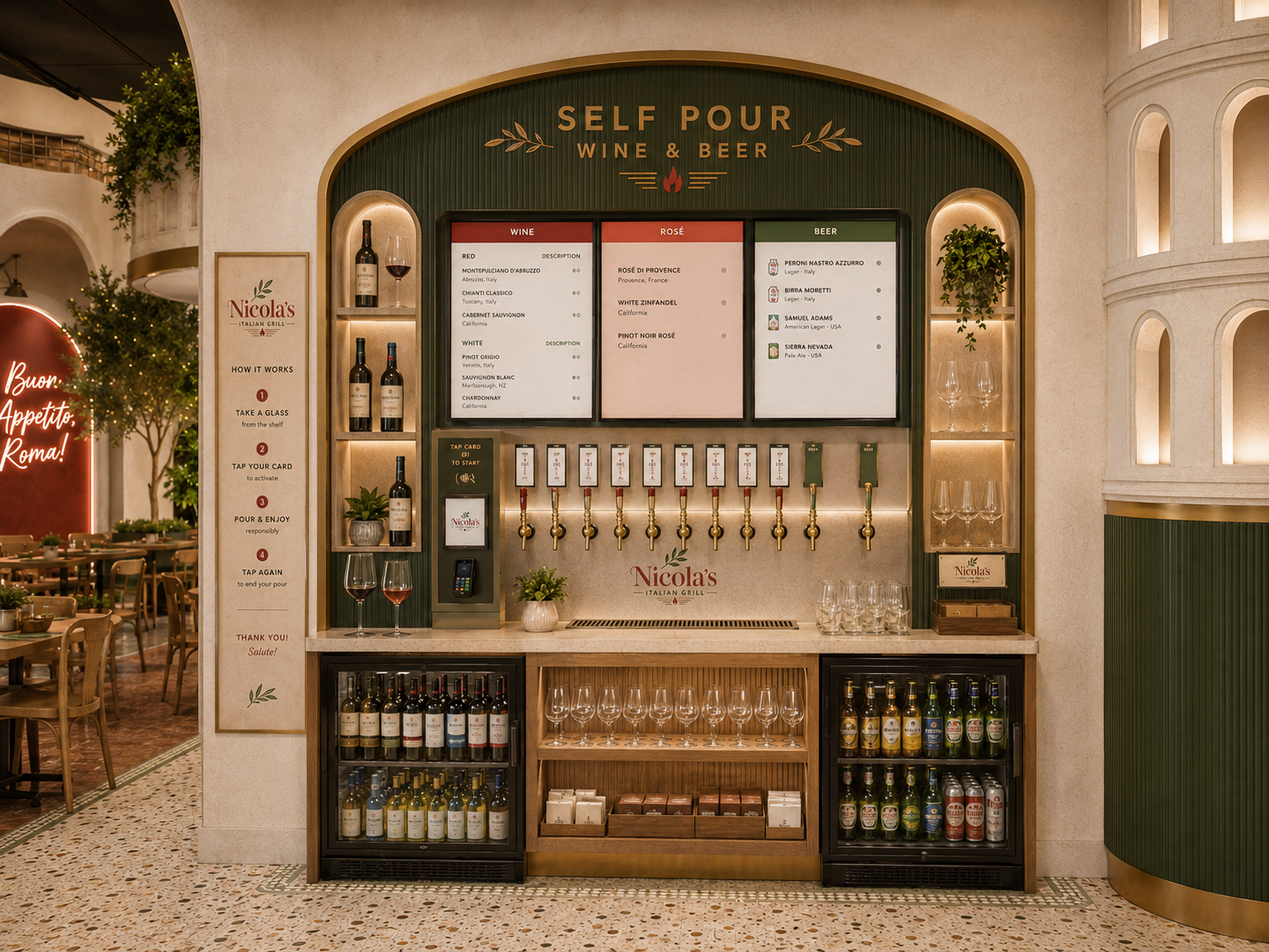 Nicola's self-pour wall with digital wine, rosé, and beer menus above brass taps
